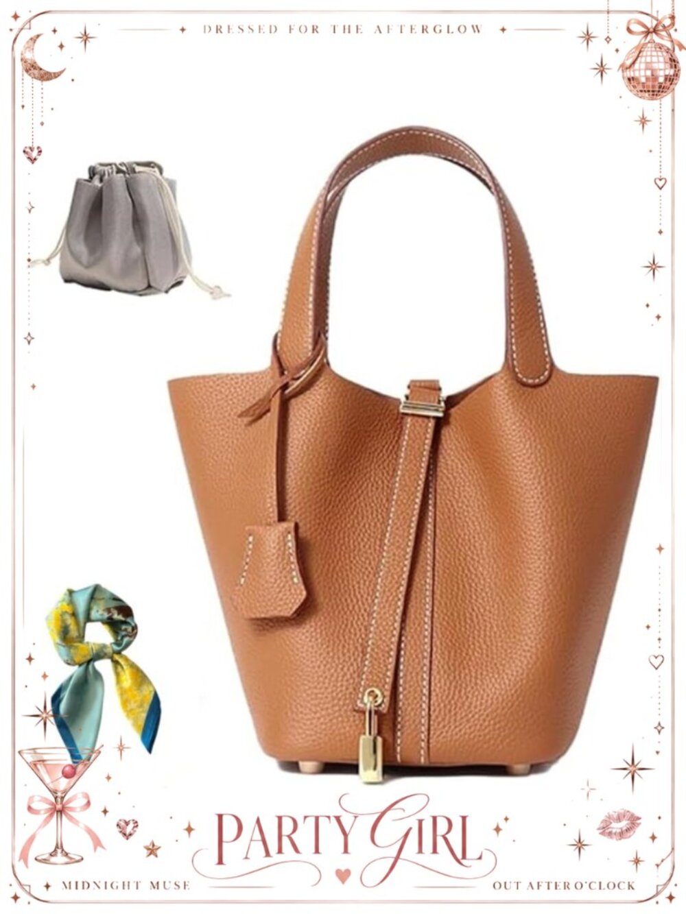 Genuine Leather Bucket Bag Women Lock Design Shoulder Handbag Versatile